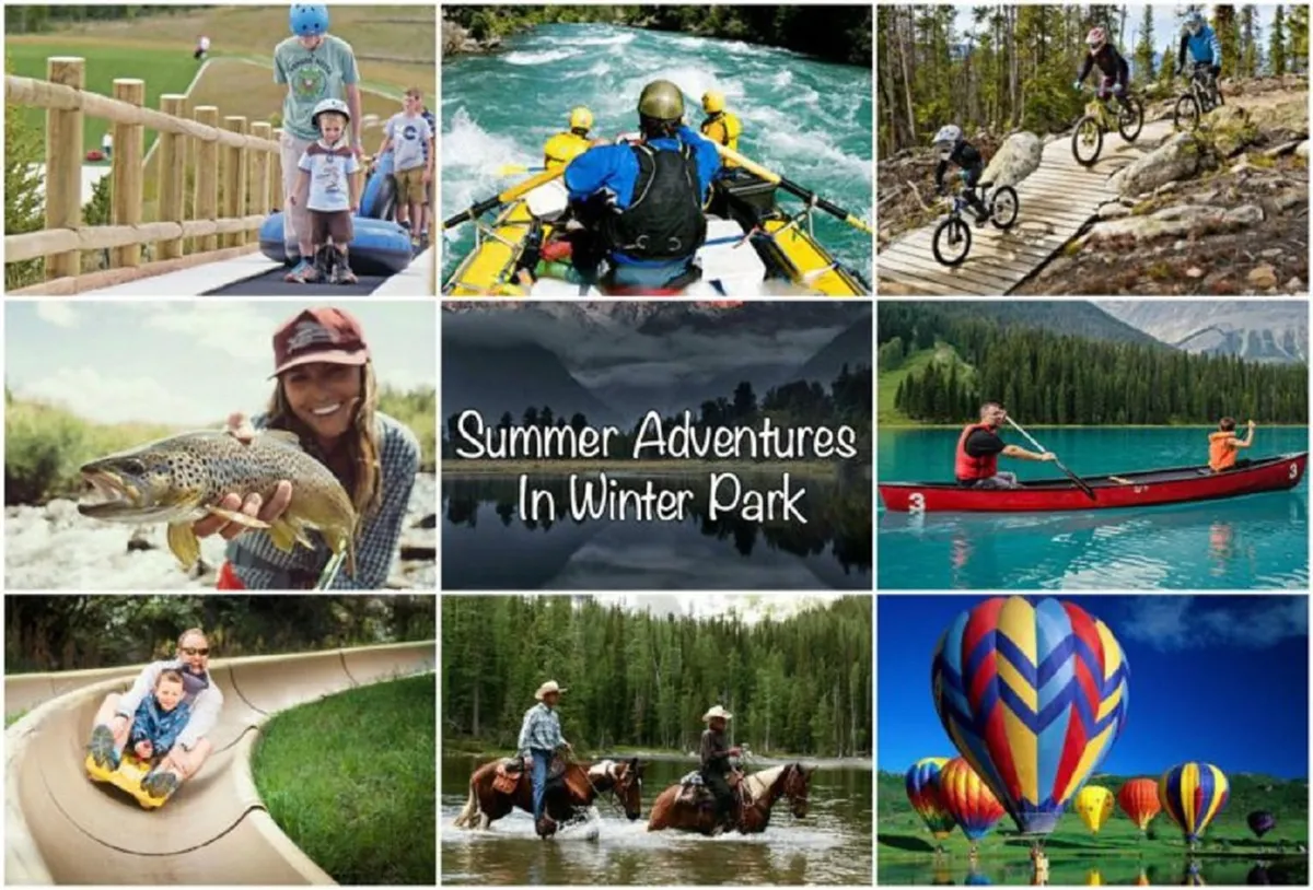 An energetic summer adventure scene featuring families enjoying water sports, biking, fishing, horseback riding, and vibrant hot air balloons floating above. The image radiates joy and the thrill of summer exploration, with a focus on group activities and outdoor excitement.