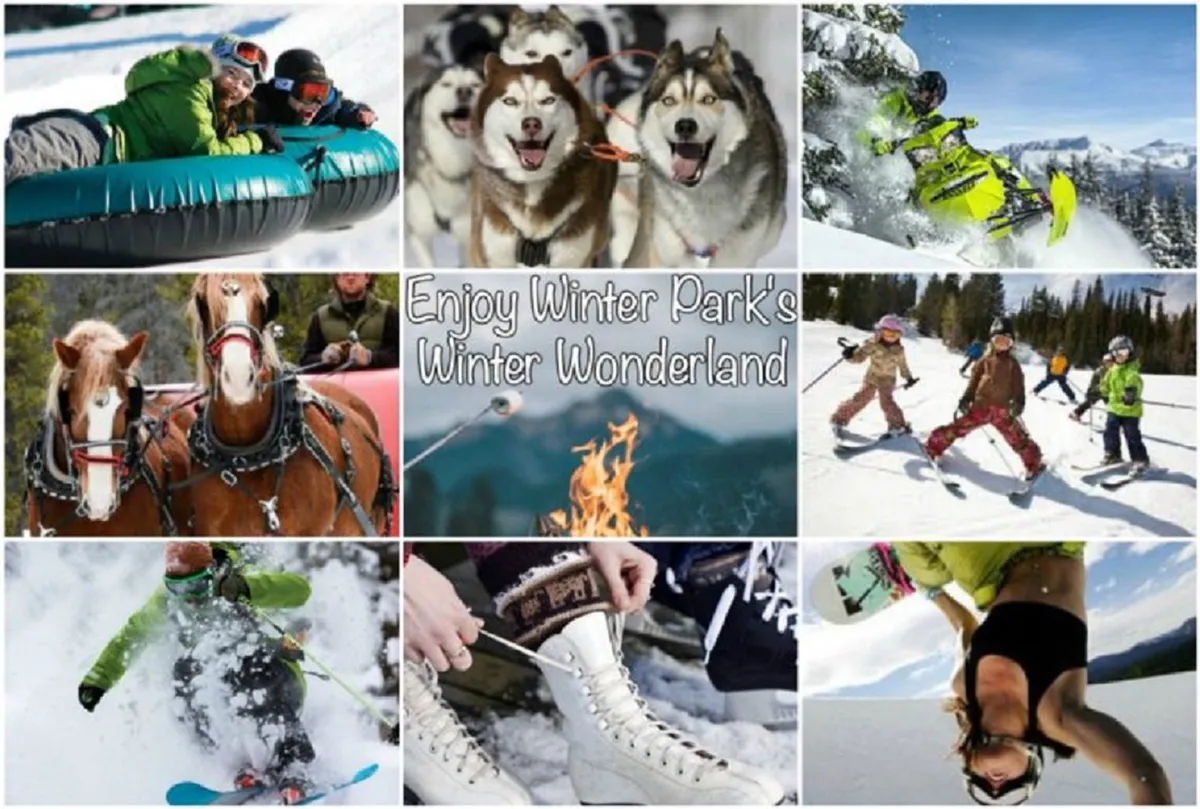 A lively exterior winter scene featuring families and friends participating in snow tubing, dog sledding with huskies, snowmobiling, horse-drawn sleigh rides, skiing, and snowboarding. The snowy backdrop and engaging activities create a sense of excitement and endless possibility for winter fun.