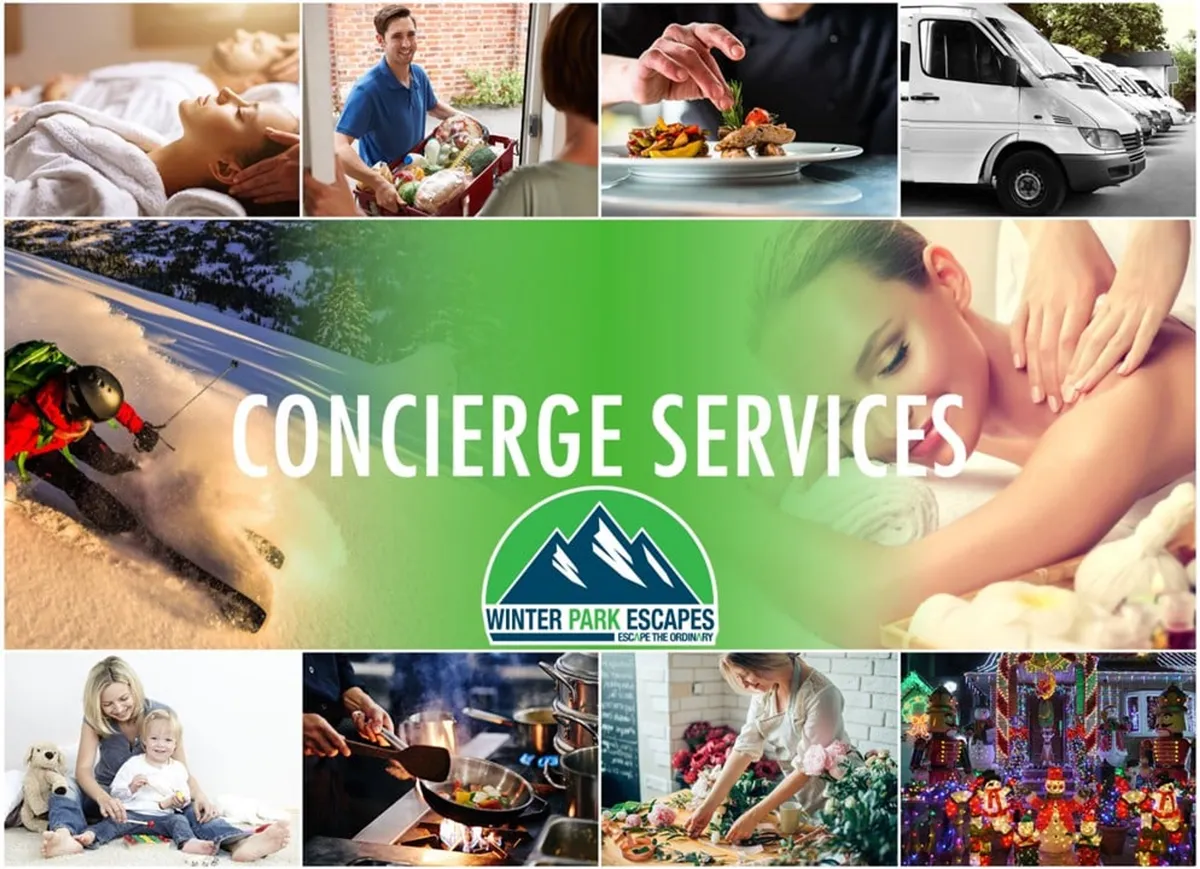 A composite interior scene showcasing spa treatments, gourmet food delivery, skiing, family activities, cooking, and holiday decorations. The image visually represents a wide range of luxury in-home services and resort-style experiences, from pampering massages to chef-prepared meals and family bonding moments.
